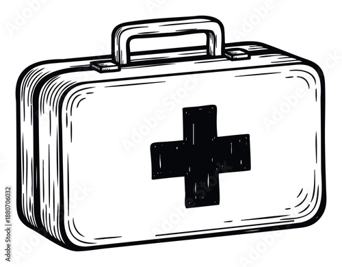 Hand drawn sketch of a first aid kit with a medical cross symbol on its side, perfect for healthcare, emergency, or safety related graphic materials and educational resources