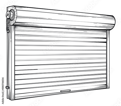 Detailed line drawing of a metal roller shutter system illustrating robust security features suitable for commercial building protection, garage entrances, or retail shop fronts.