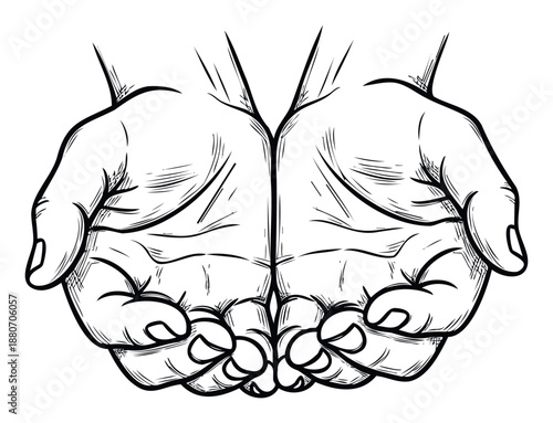 Monochrome drawing of two open cupped hands presenting an empty gesture, perfect for conveying concepts of giving, receiving, support, care, or offering in charitable and spiritual themes.
