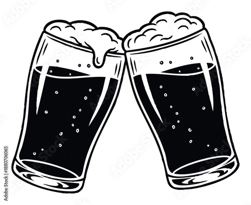 Two glasses of dark frothy beer clinking together in a celebratory toast, perfect for pub advertisements, party announcements, or beveragethemed promotional materials