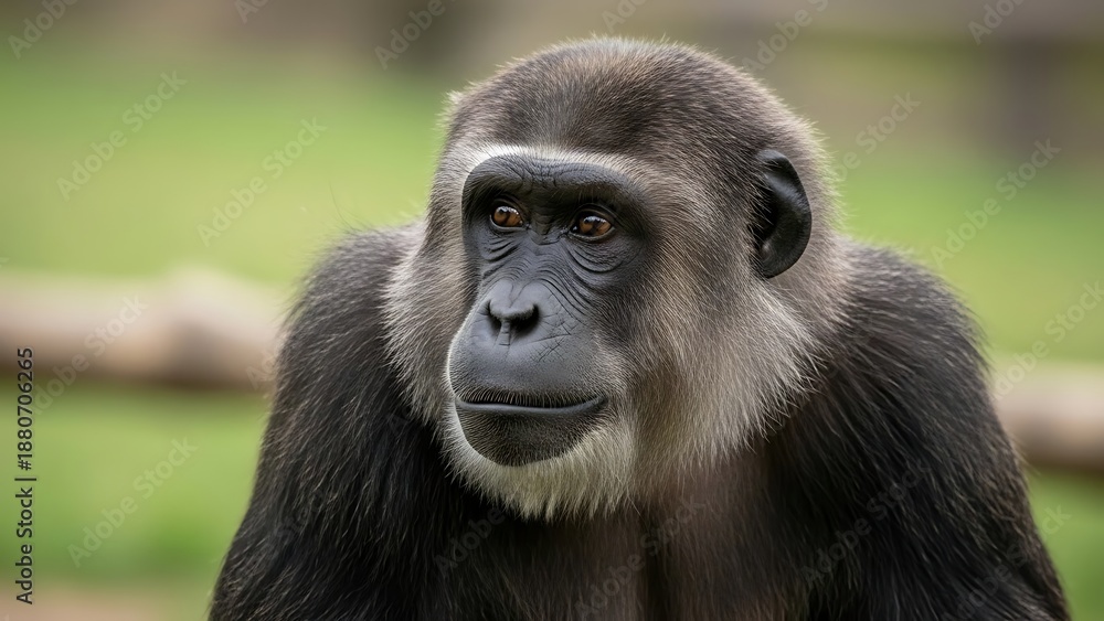 Obraz premium Adult Gorilla with Dark Fur and Prominent Facial Features in Natural Green Environment