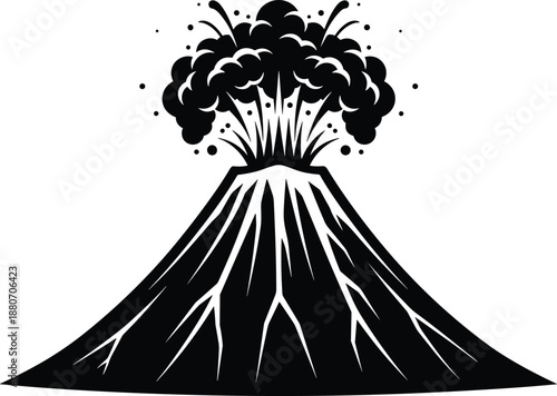 Black and white vector illustration of erupting volcano mountain with smoke clouds and lava flow isolated on white background for nature and geology design