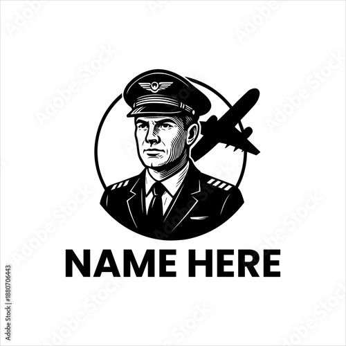 Professional airline pilot avatar or logo design, featuring a confident captain in uniform with an airplane silhouette, ideal for aviation businesses and personal branding