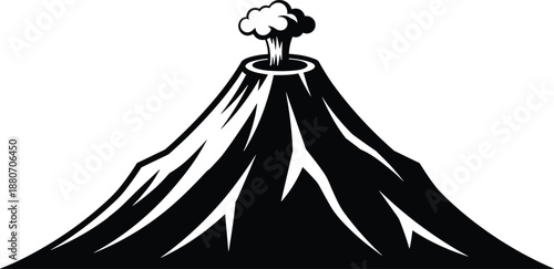 Black and white vector illustration of erupting volcano mountain with smoke clouds and ash plume isolated on white background for nature and geology design