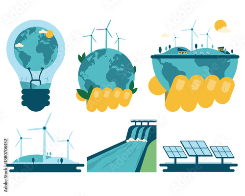 Set of clean energy day illustration. Green, renewable energy source, wind turbine, solar panel, hydroelectric vector isolated.