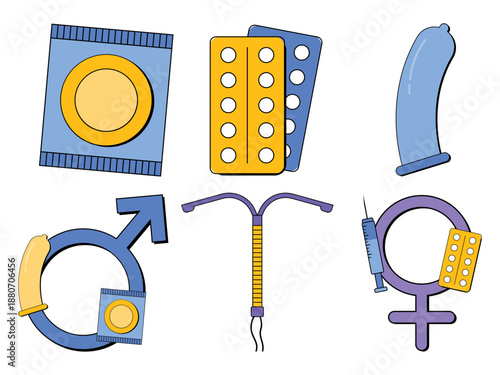 Birth control pills, condom, IUD, injection illustration for sex ed. Contraception day and reproduction health. Vector isolated.