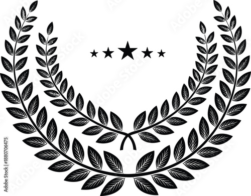 Black laurel wreath emblem with stars illustration symbolizing victory, achievement, honor, success, award, and classic prestige design for branding, logos, certificates, and badges