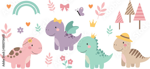 Cute pastel dinosaur illustration set with baby dinos crowns rainbow and flowers, playful prehistoric characters collection for kids nursery decor and cheerful flat vector designs