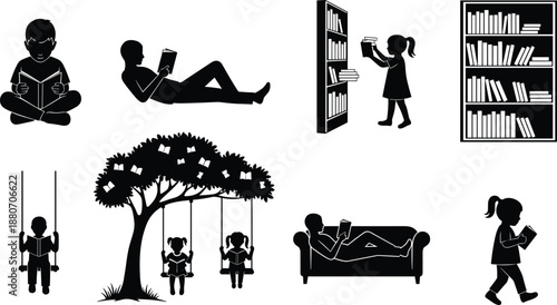 Black silhouettes of children and adults reading books in various poses including library bookshelves sitting on sofa and under tree isolated on white background