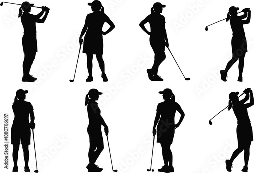 Black silhouettes of woman golfer in various poses holding club during swing and standing on white background for sports fitness and lifestyle vector