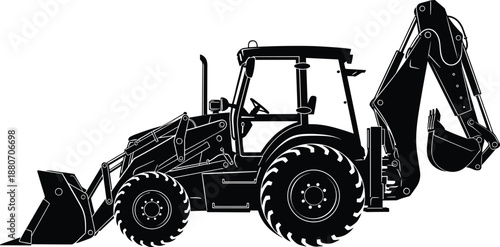 Black vector silhouette of a backhoe loader, heavy construction equipment excavator with front bucket and rear digger isolated on white background, industrial machinery.