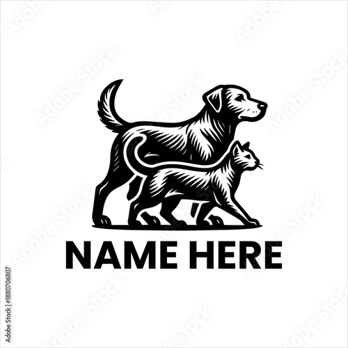 Elegant black and white minimalist illustration featuring a friendly dog and cat walking side-by-side, perfect for pet care businesses, veterinary clinics, or animal-themed branding and logos