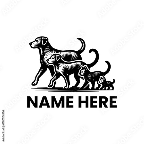A heartwarming monochrome illustration of dogs and cats, depicting a pet family walking together in unity and companionship, ideal for animal-related businesses and branding projects