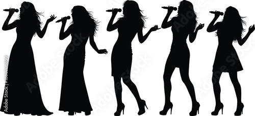 Collection of elegant female singer silhouettes performing with microphone, black women figures in dynamic poses for music, concert, entertainment vector illustration