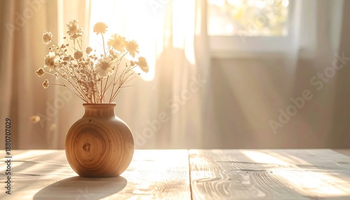 Dried Flowers in a Wooden Vase Bathed in Warm Sunlight.