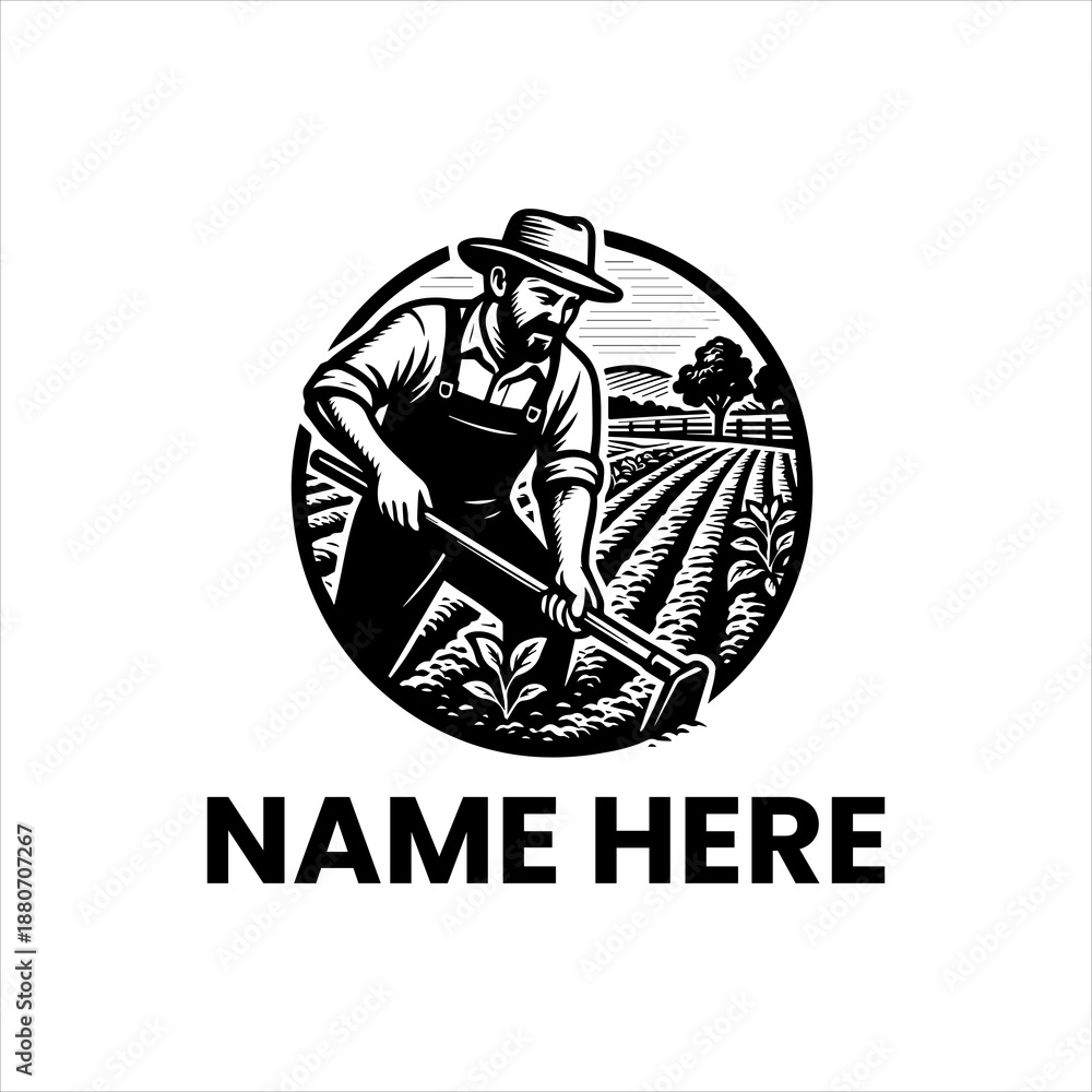 Naklejka premium Stylized depiction of a dedicated farmer diligently cultivating a field with a hoe, representing traditional agricultural methods, hard work, and the bounty of the earth