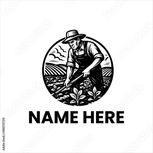 Classic monochrome emblem featuring a dedicated farmer diligently cultivating fertile soil with a hoe, symbolizing agricultural labor, sustainable food production, and rustic farm life