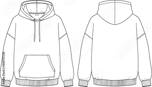 Hoodie sweatshirt technical drawing, front and back view, apparel template, fashion design outline, cad drawing flat vector illustration