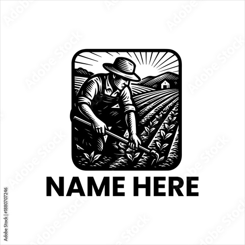 Farmer working diligently in a cultivated field under a sunny sky, embodying agricultural labor and the harvest season