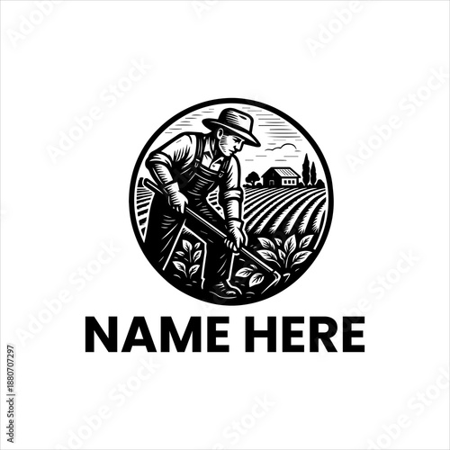 Vintage Farmer Cultivating Fields Logo Design - Rustic Agricultural Laborer Working Land Icon for Farm Business and Sustainable Crop Growth Illustration