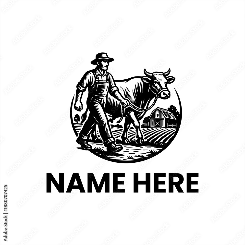 Obraz premium Vintage-inspired black and white emblem featuring a hardworking farmer guiding his trusted cow through a plowed field with a rustic barn, representing agricultural heritage and rural life
