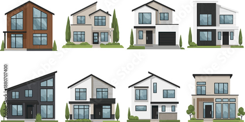 Modern residential house exterior collection vector illustration set with different home styles facades architecture design isolated on white