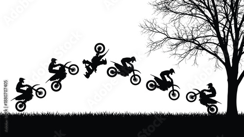 Motocross freestyle silhouette sequence showing dirt bike jump and aerial tricks at sunset landscape, extreme sports action, off road racing, adventure, and dynamic outdoor illustration