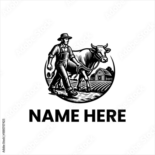Vintage-inspired black and white emblem featuring a hardworking farmer guiding his trusted cow through a plowed field with a rustic barn, representing agricultural heritage and rural life