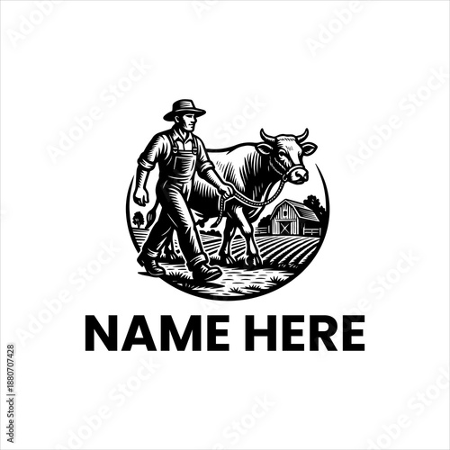 Classic black and white illustration of a diligent farmer with his cattle, symbolizing traditional agriculture and sustainable farming practices in a rural setting, perfect for branding