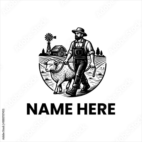 Rustic Farm Scene Featuring a Farmer Leading a Sheep Past a Barn and Windmill, Symbolizing Agriculture and Rural Life