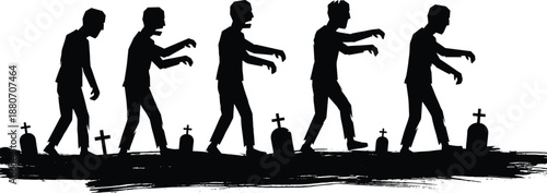 Zombie silhouette, undead walking, graveyard scene, horror illustration, Halloween concept, creepy figures, scary cemetery, spooky art, dark undead theme