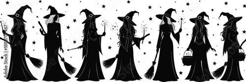 Office workspace silhouettes, laptop users, business teamwork, shared desk setup, professional environment, black vector art, workplace illustration, corporate clipart, productivity scene