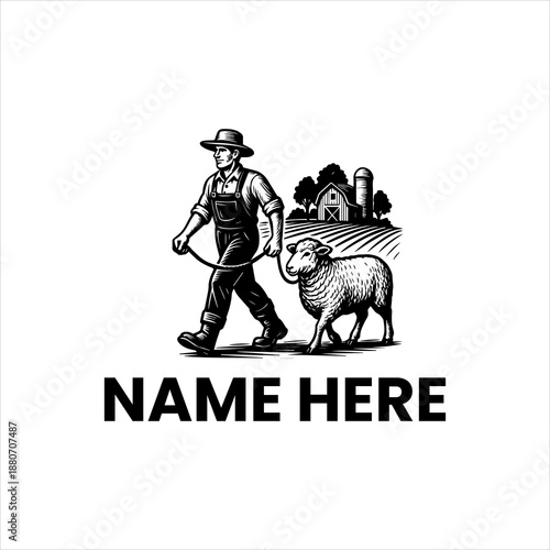 Farm Scene Illustration with Farmer and Sheep Leading Past a Barn and Trees