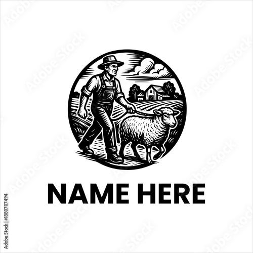 Monochrome illustration of a traditional farmer leading a sheep across a pastoral farm landscape, depicting vintage agricultural life and animal husbandry.