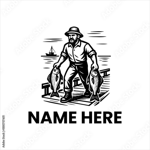 Fisherman with two large fish on a wooden pier, perfect for a fishing club or seafood restaurant logo