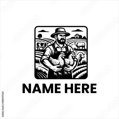Farmer Holding Chickens in a Field with Barn and Sheep, Emblematic Rural Scene Logo