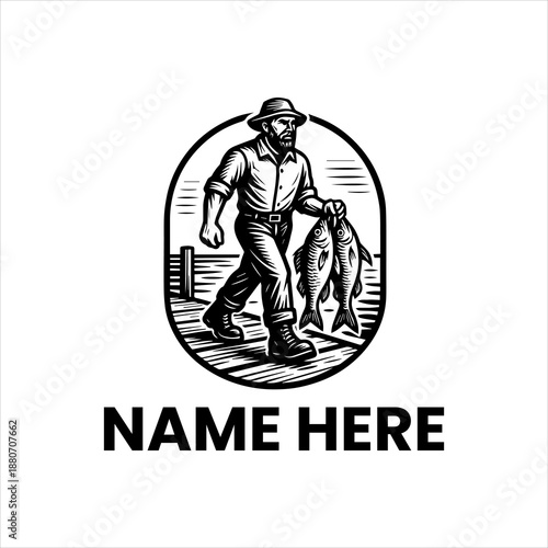 Black and white woodcut illustration of a fisherman in a hat, walking a pier, proudly carrying three fresh fish; an emblem of a successful angling trip