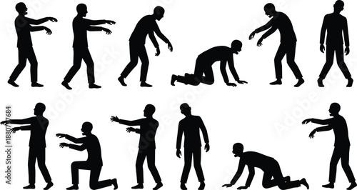 Zombie, silhouette, horror, undead, crawling, walking, crouching, slouched, motion, pose, character, black, white, vector, illustration, isolated, creepy, scary, monster