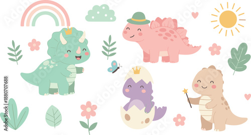 Cute pastel dinosaur illustration set with baby dinos rainbow flowers and egg, playful prehistoric characters collection for kids nursery decor and cheerful flat vector designs