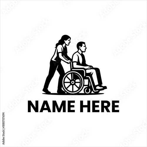 Compassionate care provider pushing an individual in a wheelchair, symbolizing dedicated assistance, support, and accessibility in healthcare and mobility services vector design