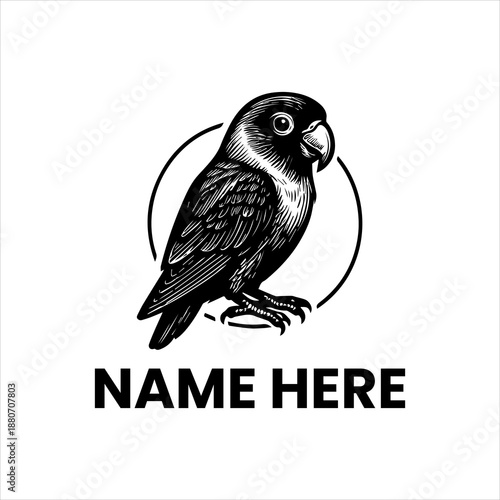Detailed engraved illustration of a charming lovebird perched within a circular frame, embodying a classic and elegant avian brand identity or nature-themed emblem design