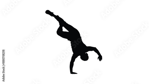 A silhouette of a man performing a handstand one hand with the other arm extended on white background