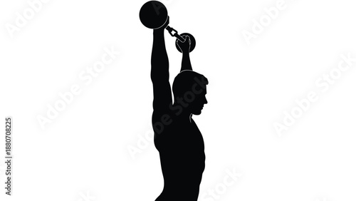 Silhouette of a man lifting a dumbbell overhead in a fitness routine with exercise on white background