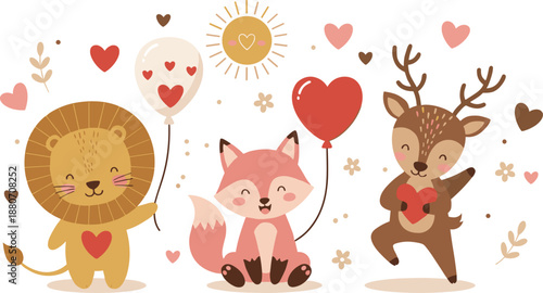 Cute love animals illustration set with lion fox and deer holding hearts and balloons, adorable romantic characters collection for valentines and kids flat vector designs