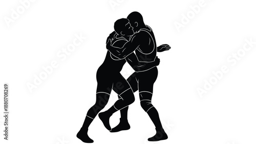 Two athletes engaged in intense wrestling match with wrestlers and sports on white background