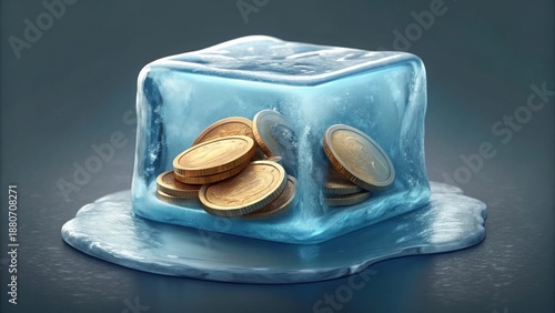 Frozen Coins Trapped in Ice Block Concept for Financial Assets