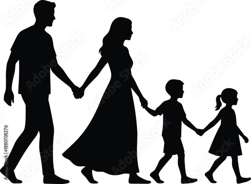 Happy family walking together silhouette with parents and children holding hands, black people icons for love, care, unity, lifestyle vector design