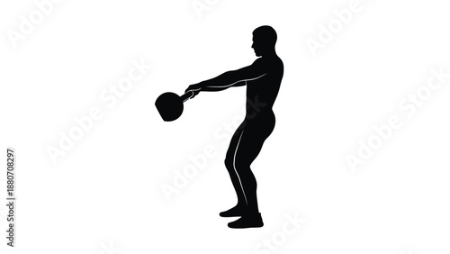 Man lifting kettlebell in dynamic motion with fitness and exercise and workout on white background