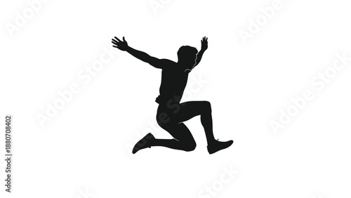 A silhouette of a person jumping up with arms raised in celebration with success on white background
