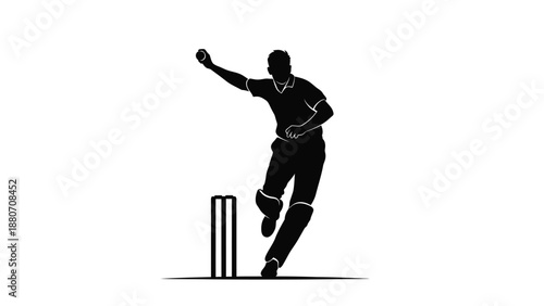 Cricket player in action throwing ball with silhouette against with sports on white background